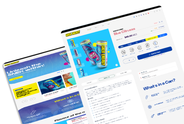 Snek Energy Sneak Energy product detail page featuring vibrant energy drink with flavor details and purchase options