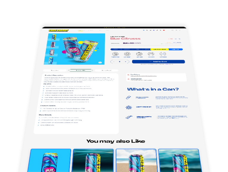 Snek Energy Detailed view of a Sneak Energy drink with ingredients, pricing, and add-to-cart button