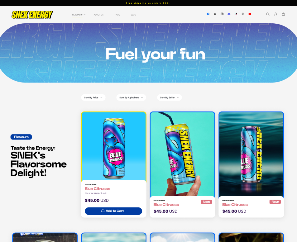 Snek Energy Sneak Energy product grid showcasing a range of colorful energy drink flavors available for purchase