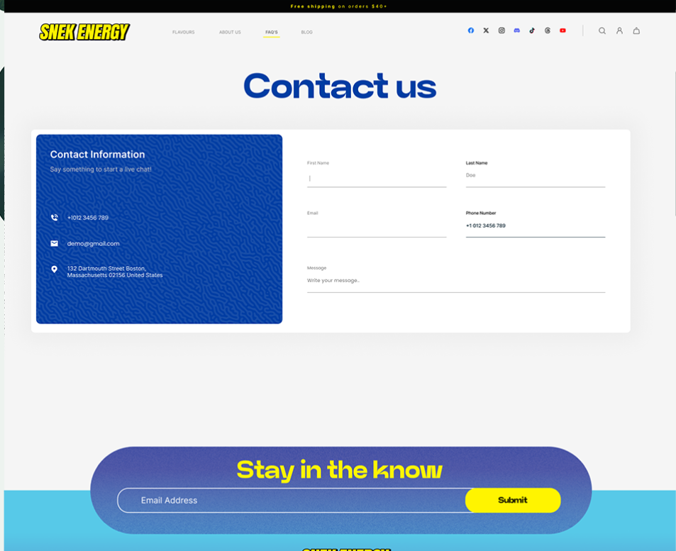 Sneak Energy Contact Us page with support form and customer service information