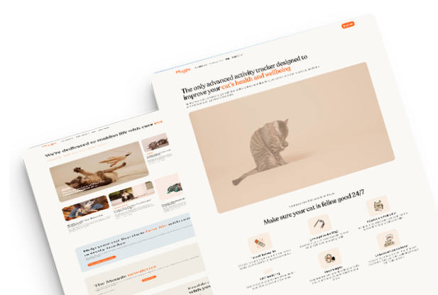 Moggie Moggie blog section preview displaying articles and detailed blog post about cat activity tracking and pet care tips